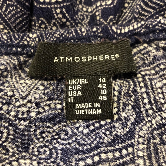 PrimarkAtmosphere Navy White Print Peasant Neck Ruffled Edge Mini Blouse Size 14 - Picture 4 of 4